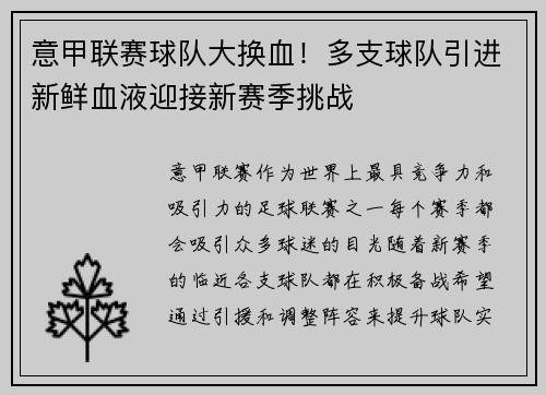 意甲联赛球队大换血！多支球队引进新鲜血液迎接新赛季挑战