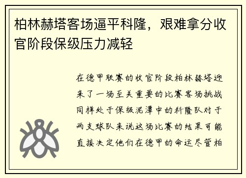 柏林赫塔客场逼平科隆，艰难拿分收官阶段保级压力减轻