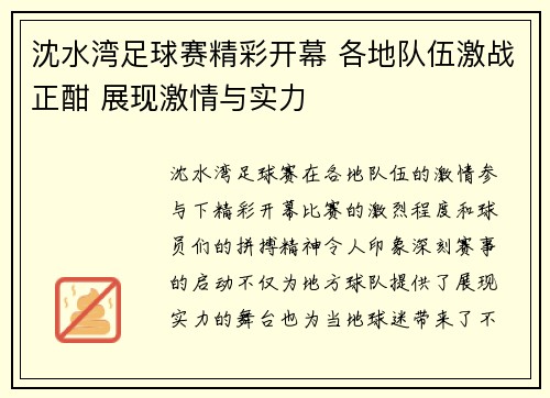 沈水湾足球赛精彩开幕 各地队伍激战正酣 展现激情与实力