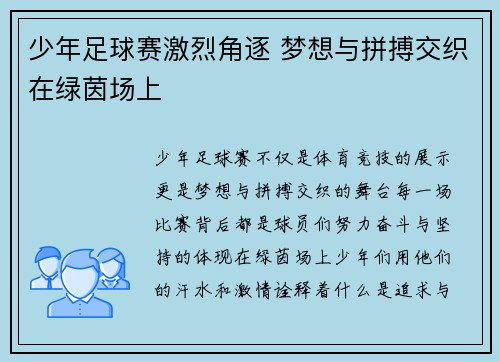 少年足球赛激烈角逐 梦想与拼搏交织在绿茵场上