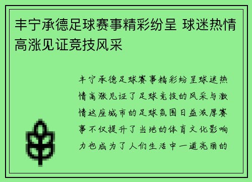丰宁承德足球赛事精彩纷呈 球迷热情高涨见证竞技风采