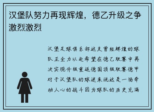 汉堡队努力再现辉煌，德乙升级之争激烈激烈