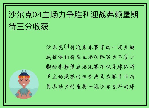 沙尔克04主场力争胜利迎战弗赖堡期待三分收获