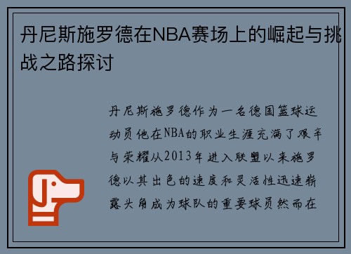 丹尼斯施罗德在NBA赛场上的崛起与挑战之路探讨