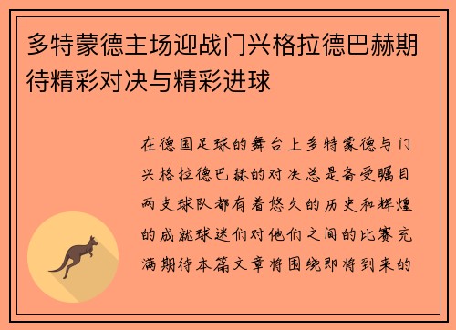 多特蒙德主场迎战门兴格拉德巴赫期待精彩对决与精彩进球