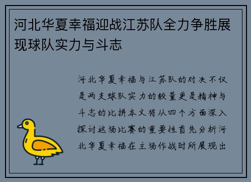 河北华夏幸福迎战江苏队全力争胜展现球队实力与斗志