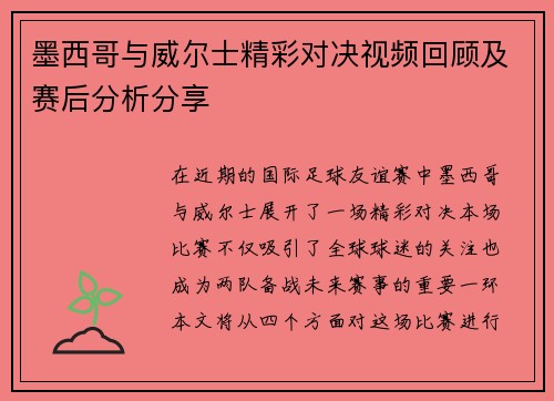 墨西哥与威尔士精彩对决视频回顾及赛后分析分享