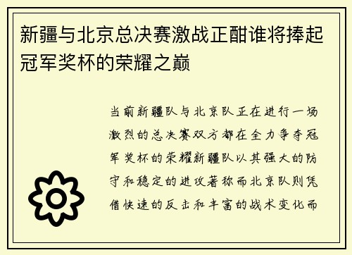 新疆与北京总决赛激战正酣谁将捧起冠军奖杯的荣耀之巅