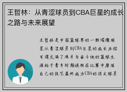 王哲林：从青涩球员到CBA巨星的成长之路与未来展望