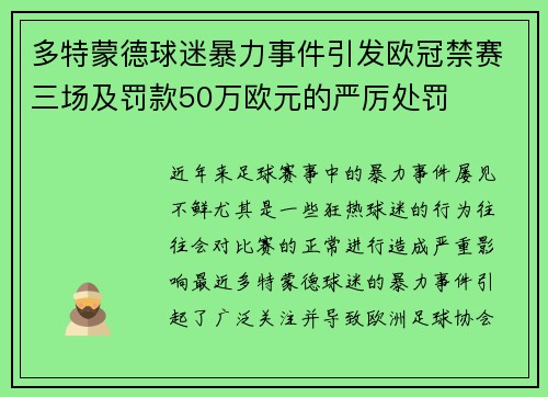 多特蒙德球迷暴力事件引发欧冠禁赛三场及罚款50万欧元的严厉处罚