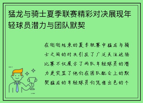 猛龙与骑士夏季联赛精彩对决展现年轻球员潜力与团队默契