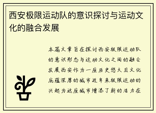西安极限运动队的意识探讨与运动文化的融合发展
