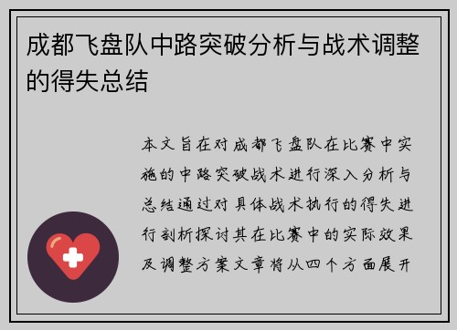 成都飞盘队中路突破分析与战术调整的得失总结