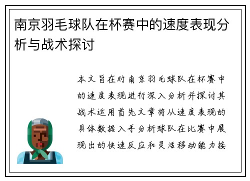 南京羽毛球队在杯赛中的速度表现分析与战术探讨