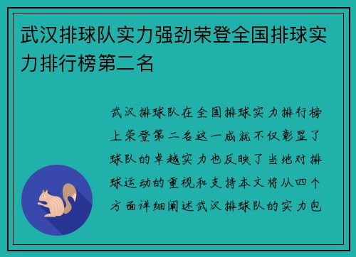 武汉排球队实力强劲荣登全国排球实力排行榜第二名
